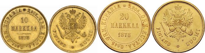 Suomen 10 ja 20 markan kultarahat vuodelta 1878